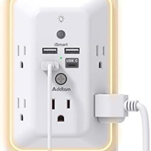 Surge Protector, Multi Plug Outlet Extender with Night Light for Home, Office, School, Addtam 5-Outlet Splitter and 4 USB Ports(1 USB C), Wall Charger Power Strip, ETL Listed