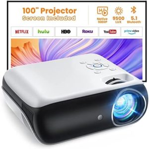 HAPPRUN Projector, Native 1080P Bluetooth Projector with 100''Screen, 9500L Portable Outdoor Movie Projector Compatible with Smartphone, HDMI,USB,AV,Fire Stick, PS5