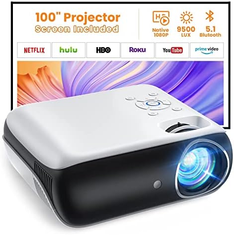 HAPPRUN Projector, Native 1080P Bluetooth Projector with 100''Screen, 9500L Portable Outdoor Movie Projector Compatible with Smartphone, HDMI,USB,AV,Fire Stick, PS5